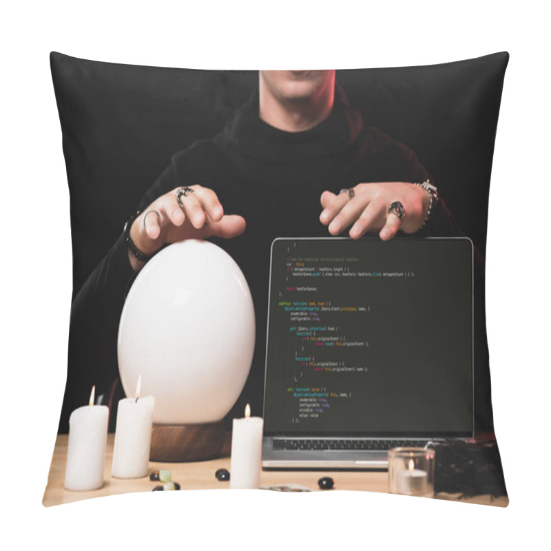 Personality  Cropped View Of Psychic Near Laptop With Programming Code On Screen Isolated On Black  Pillow Covers