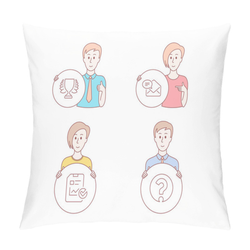 Personality  People Hand Drawn Style. Set Of Report Checklist, New Mail And Winner Icons. Question Mark Sign. Sales Growth File, Received E-mail, Sports Achievement. Ask Support.  Character Hold Circle Button Pillow Covers