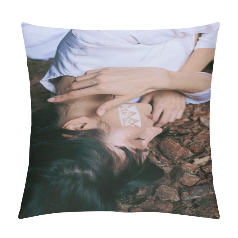 Personality  A Woman Lies On Ground, Her Expression Contemplative. Pillow Covers