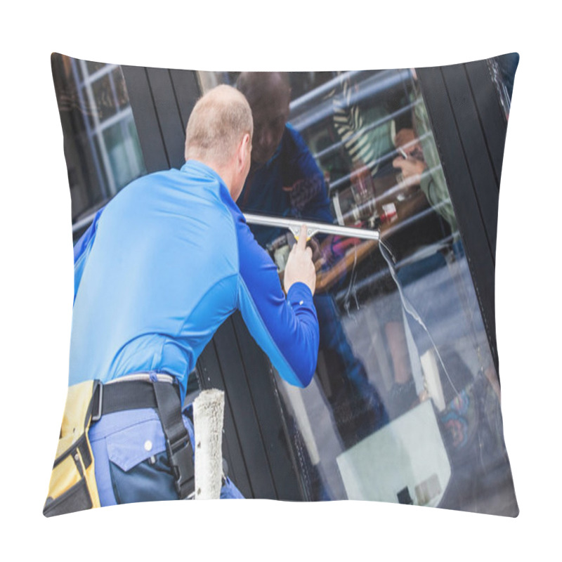 Personality  Window Washer Working  At Building Outdoor  Pillow Covers