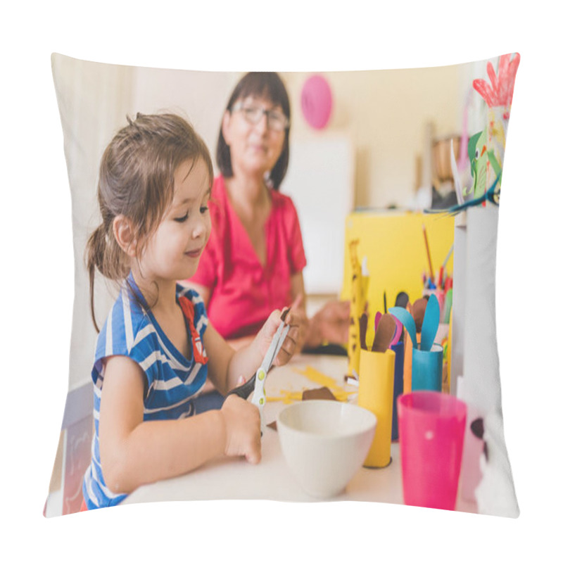 Personality  Granddaughter Doing Handycraft Together With Her Grandmother In Nursery, Improvement Of Fine Motor Skills Pillow Covers