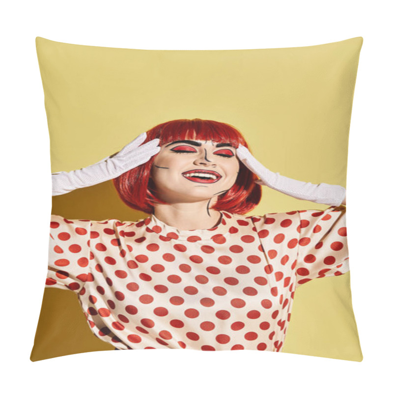 Personality  A Vibrant Redhead Woman In A Polka Dot Dress With Pop Art Makeup On A Yellow Background, Reminiscent Of A Comic Book Character. Pillow Covers