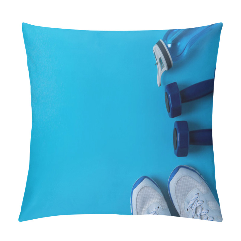 Personality  Elevated View Of Dumbbells, Sneakers And Sport Bottle With Water Isolated On Blue  Pillow Covers