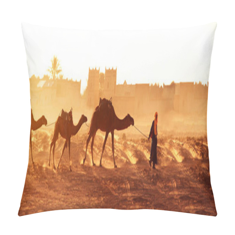 Personality  Horizontal Banner With Caravan Of Camels In Sahara Desert, Morocco. Driver-berber With Three Camels Dromedary On Sunrise Sky Background And Traditional Moroccan Houses Pillow Covers