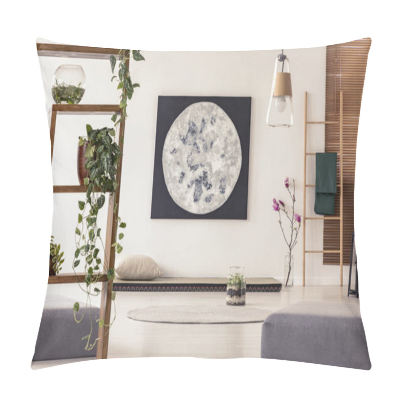 Personality  Moon Painting Above Tatami Mat Bed In Japanese Style Flat Interior With Ivy On Wooden Rack And Ladder Near The Window. Real Photo Pillow Covers