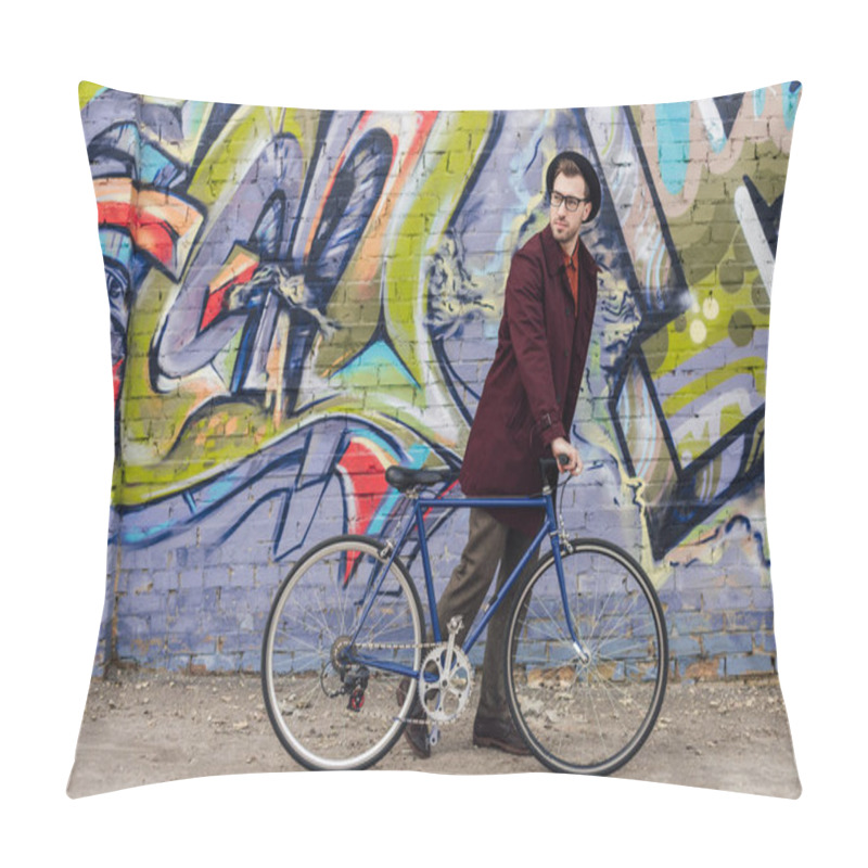 Personality  Stylish Elegant Man Standing With Bike At Wall With Graffiti Pillow Covers