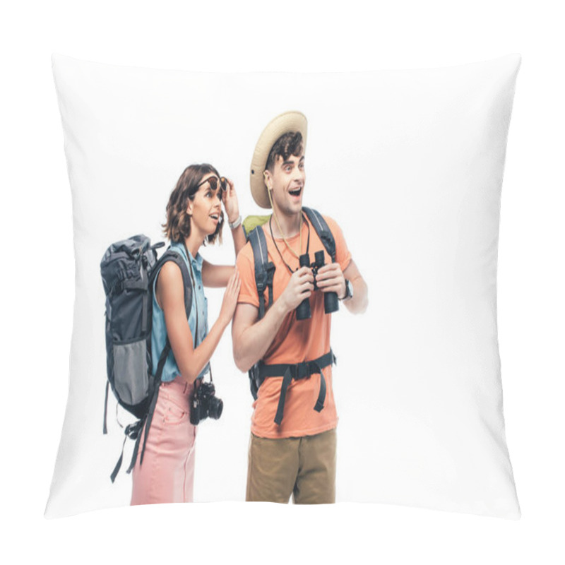 Personality  Two Excited Young Tourists With Binoculars And Digital Camera Looking Away Isolated On White Pillow Covers