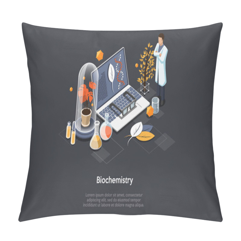 Personality  Biochemistry Illustration. Isometric Vector Composition In Cartoon 3D Style With Scientific Items And Scientist Character In White Robe. Laptop, Genetic Code And Information On Screen, Tubes, Flasks Pillow Covers