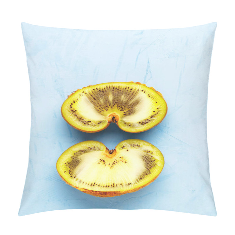 Personality  Green Ripe Kiwi On A Blue Plaster Surface Is Cut In Half, A Beautiful Pattern Of The Inner Green Pulp Of The Fruit. Top View, Horizontal Image, Copy Space. Pillow Covers