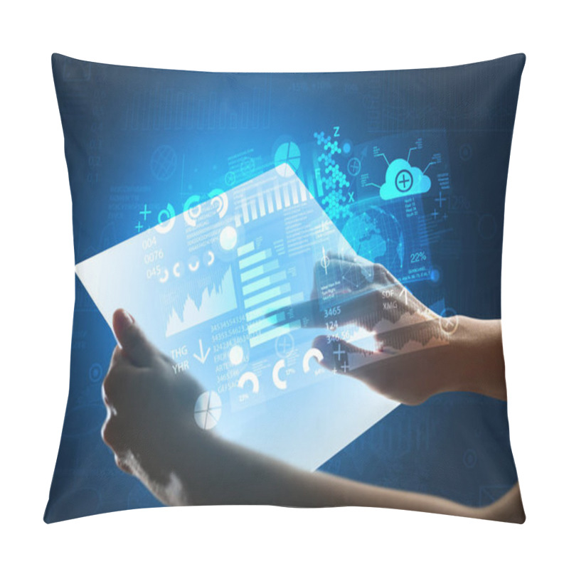 Personality  Hands Touching A Glass-like Tablet With Blue Graphs Pillow Covers