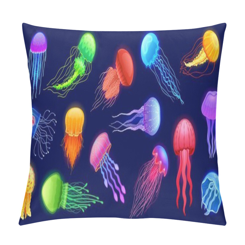 Personality  Cartoon Jellyfish. Exotic Glowing Underwater Animal, Deep Marine Glowing Creature With Tentacles Different Colors And Shapes. Vector Isolated Set. Fluorescent Bright Characters, Underwater Life Pillow Covers