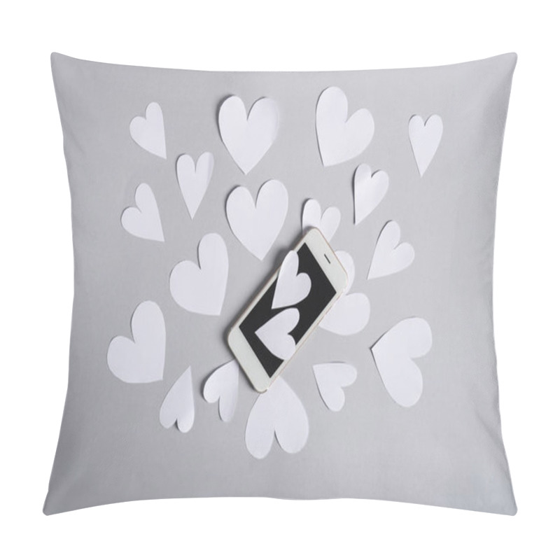 Personality  Paper Hearts And Mobile Phone On Grey Background Pillow Covers