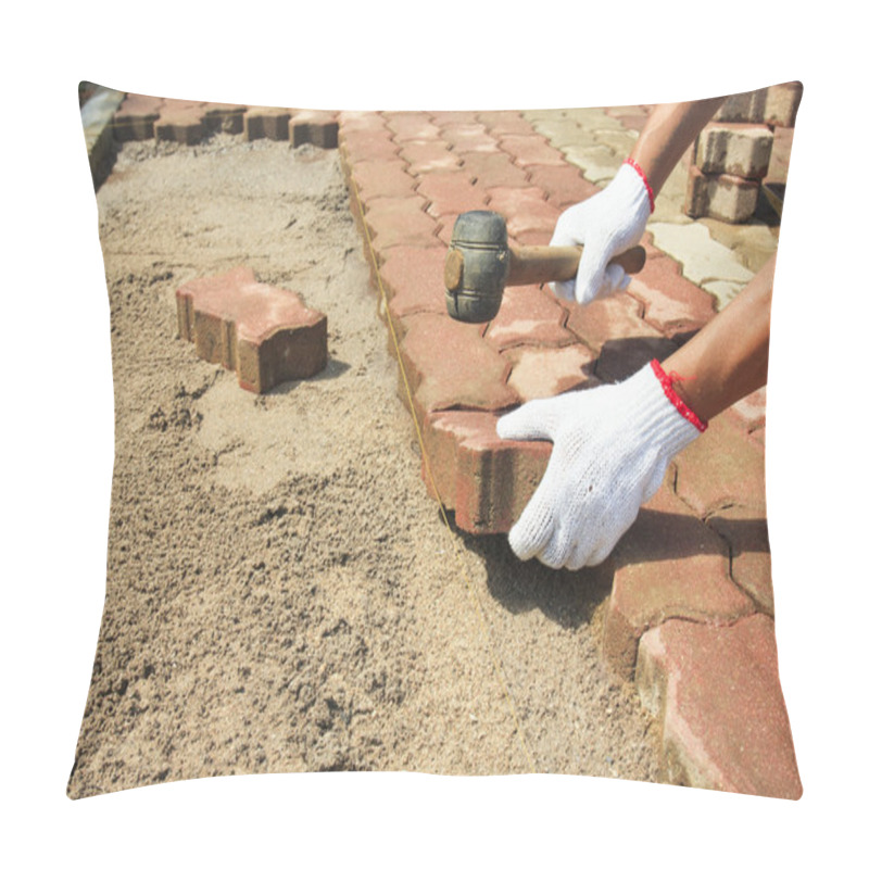 Personality  Worker Laying Red Concrete Paving Blocks. Pillow Covers