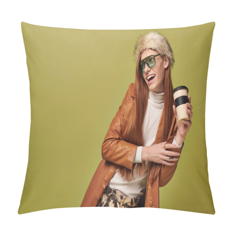 Personality  Enthusiastic Young Man With Long Red Hair Smiles Brightly While Holding A Warm Beverage. Pillow Covers