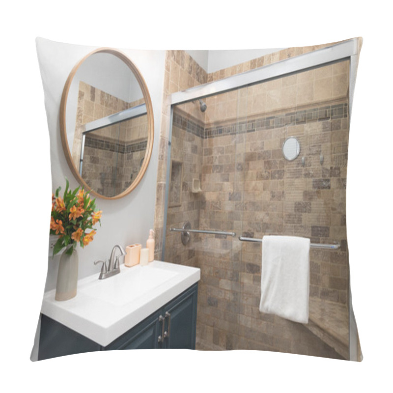 Personality  A Bathroom With A Blue Cabinet Wooden Circular Mirror Above A White Sink, And A Shower With Brown Stone Tiles. Pillow Covers