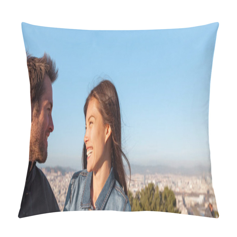 Personality  Young Couple In Love Talking Laughing Together On Outdoor City Date. Dating In Barcelona, Spain. Interracial Relationship Of Asian Woman And Caucasian Man Pillow Covers