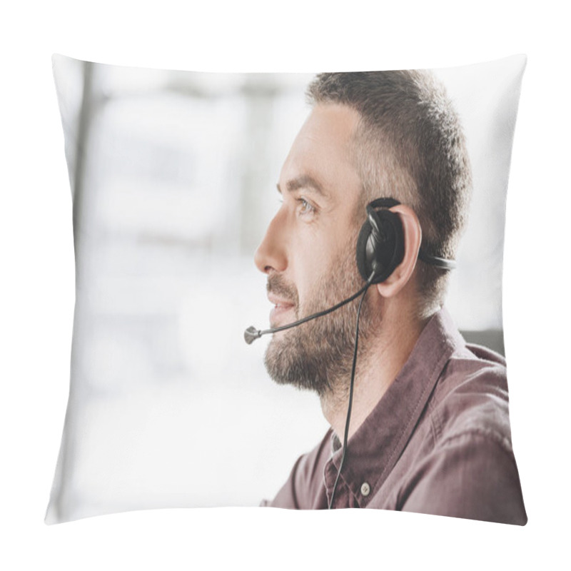 Personality  Side View Of Handsome Call Center Worker In Headphones With Microphone Pillow Covers