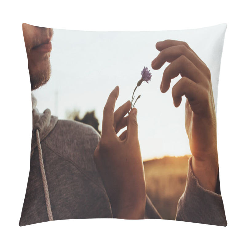 Personality  Hand Holding Cornflower At Sunset  Pillow Covers