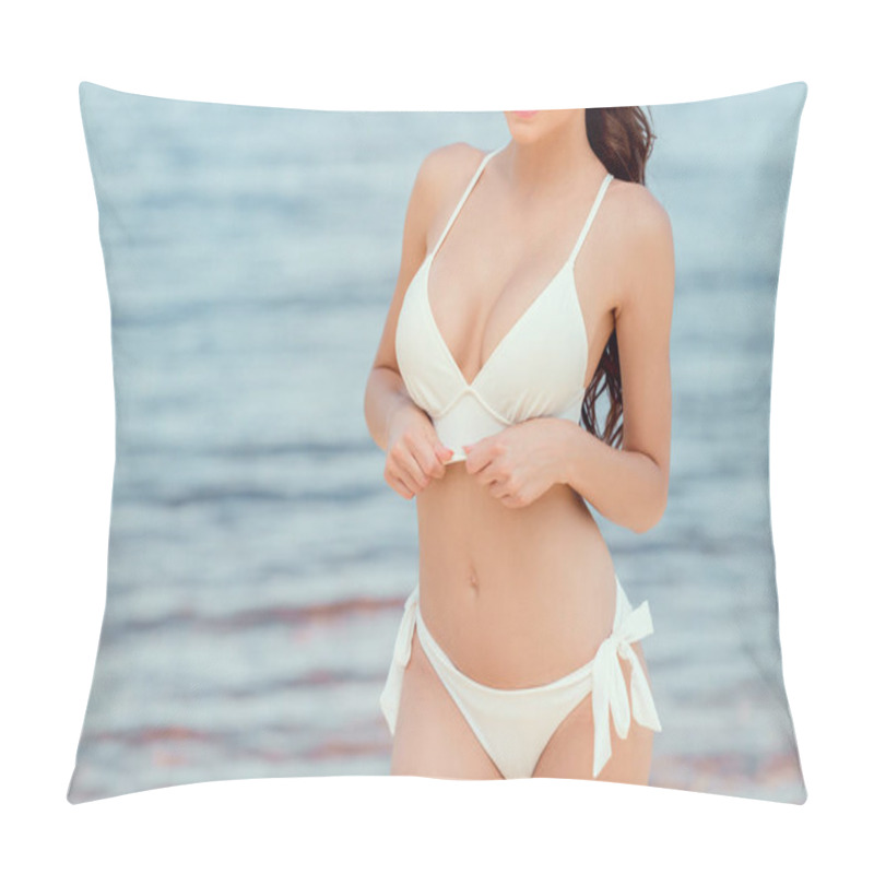 Personality  Cropped View Of Slim Girl In White Bikini Posing Near Sea Pillow Covers