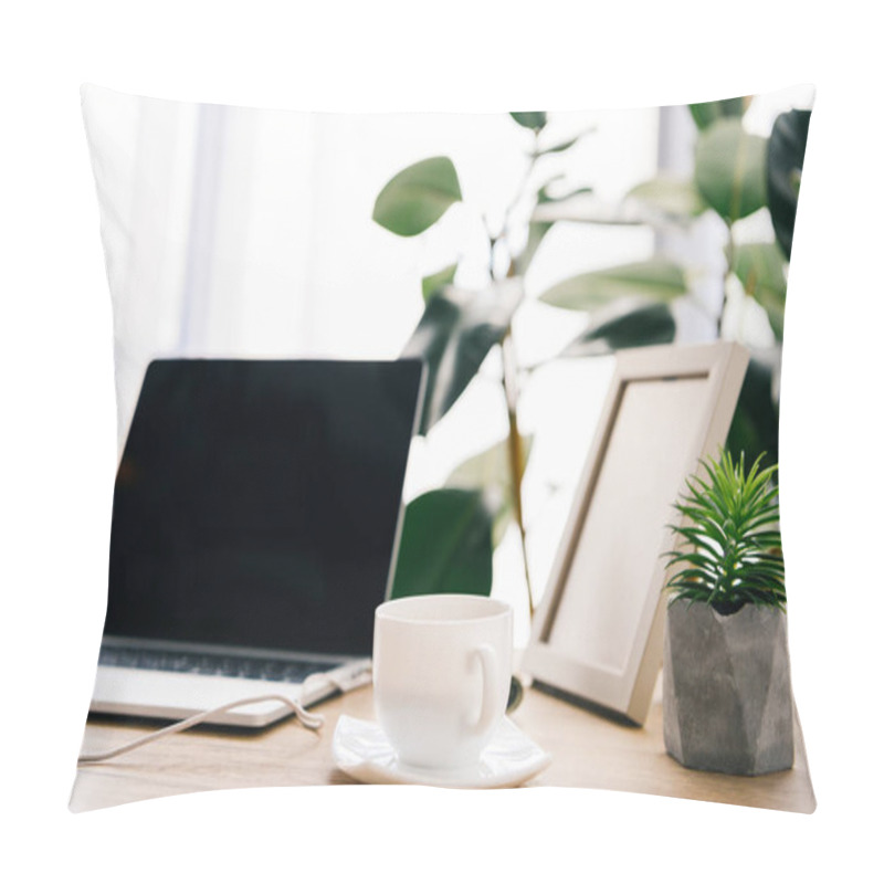 Personality  Closeup View Of Coffee Cup, Laptop, Potted Plants And Photo Frame On Table  Pillow Covers