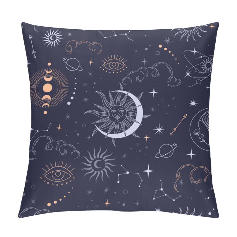 Personality  Vector Seamless Pattern With Celestial Mystic Esoteric Magic Elements Sun Moon And Clouds Different Stages Of Moon, Zodiac Signs. Alchemy Tattoo Template Pillow Covers