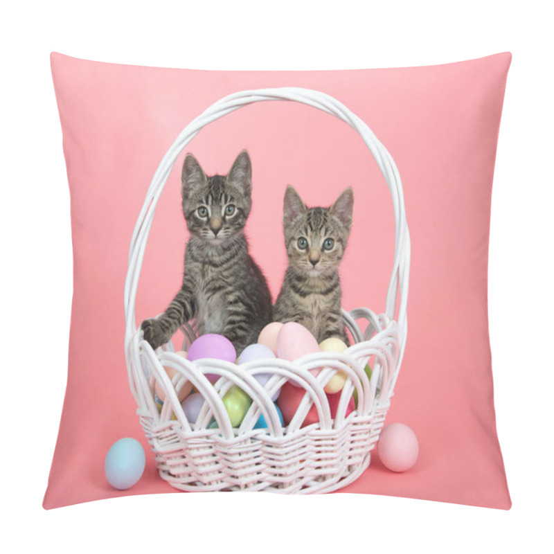 Personality  Adorable Tabby Kittens Sitting In A White Wicker Easter Basket Filled With Easter Eggs. Kittens Looking Directly At Viewer. Pink Background. Pillow Covers