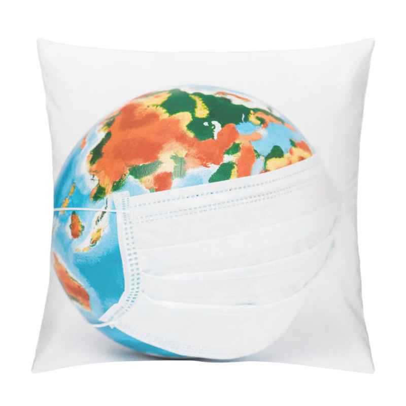 Personality  Close Up Of Globe In Medical Mask On White  Pillow Covers