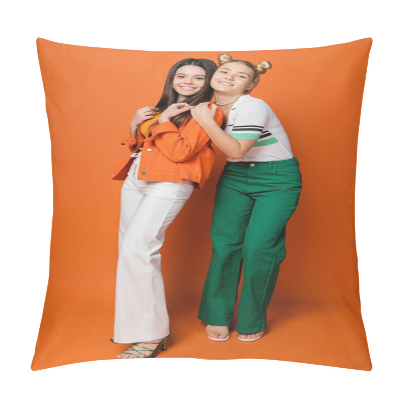 Personality  Full Length Of Blonde Trendy Teenage Girl In Casual Clothes Looking At Camera While Hugging Brunette Girlfriend And Standing On Orange Background, Fashionable Girls With Sense Of Style Pillow Covers