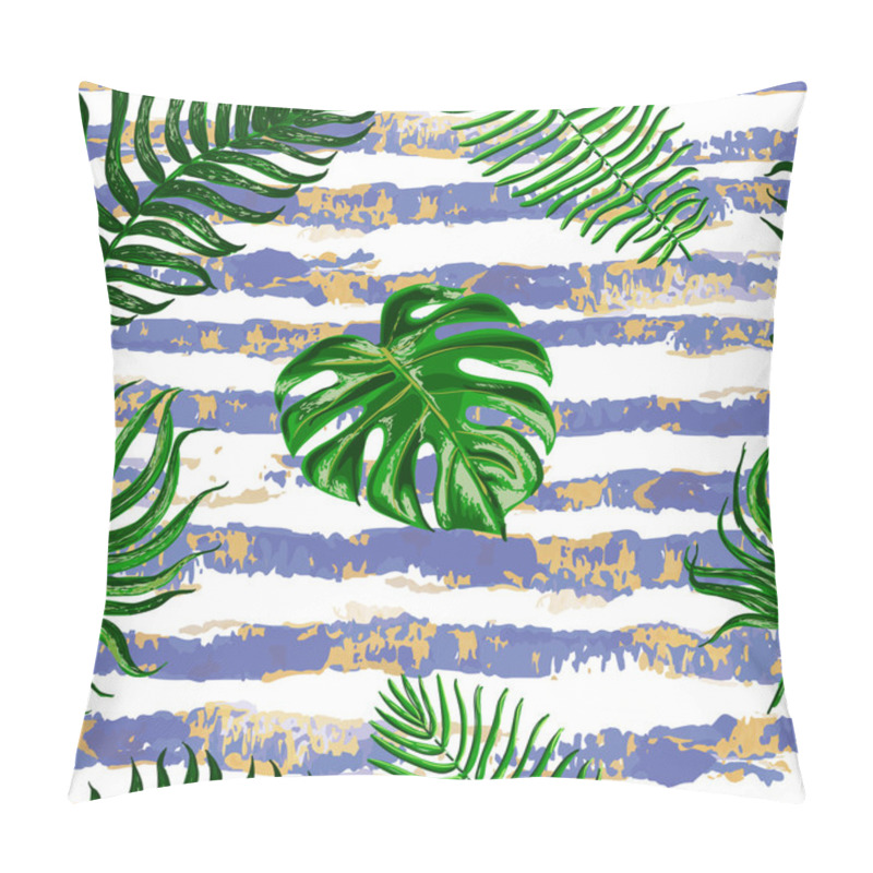 Personality  Vector Seamless Tropical Leaves Pattern On Stripes Background.  Pillow Covers