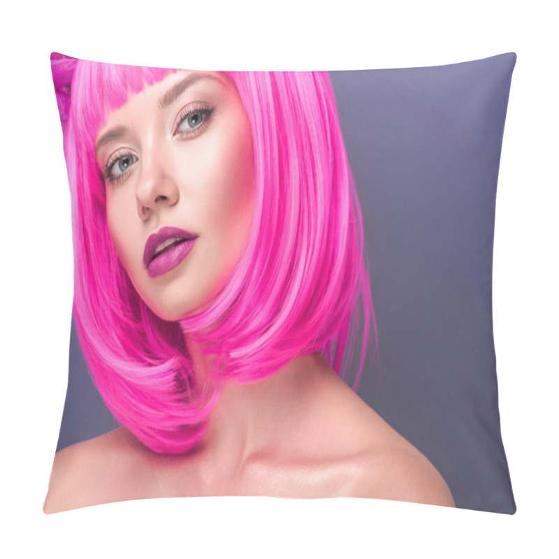 Personality  Attractive Young Woman With Pink Bob Cut Looking At Camera Isolated On Violet Pillow Covers