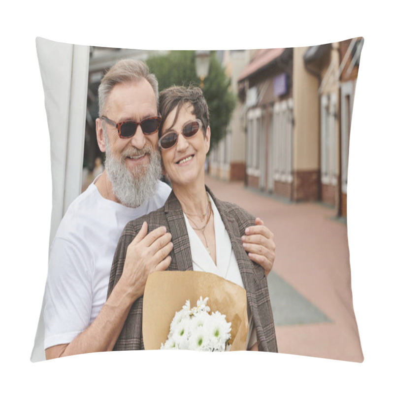 Personality  Happy, Elderly Couple In Sunglasses Smiling And Looking At Camera, Summer, Senior Man Hugging Woman Pillow Covers