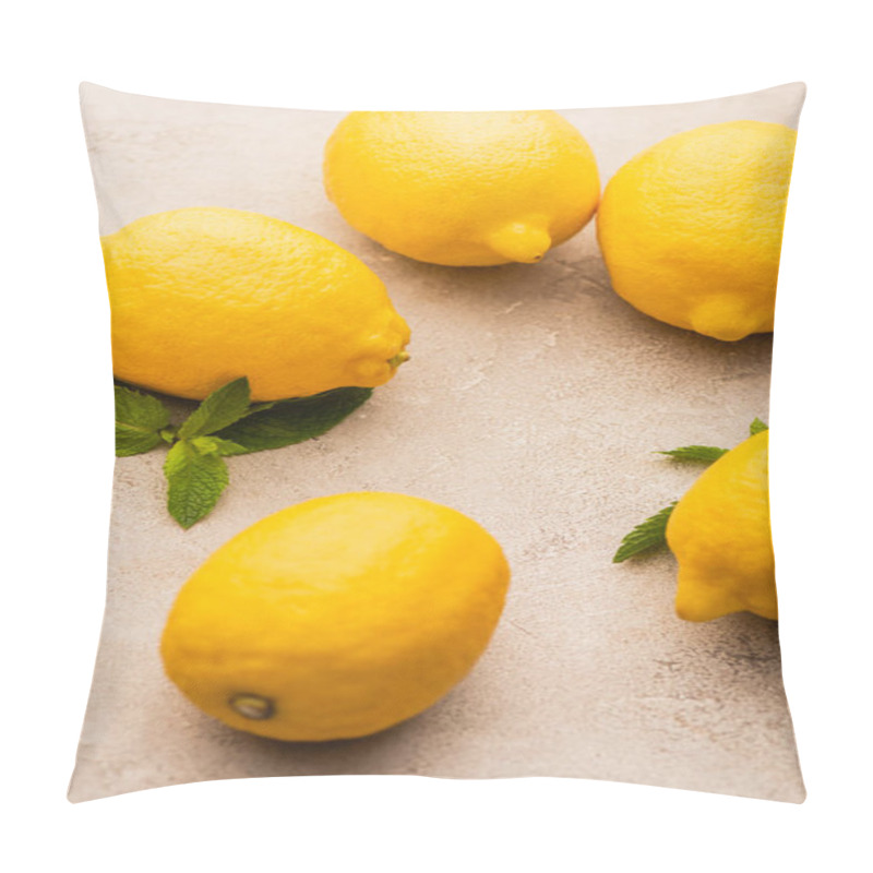 Personality  Ripe Yellow Lemons With Mint Green Leaves On Beige Concrete Surface Pillow Covers