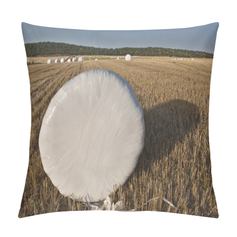 Personality  Countryside Field With Hay Bale Wrapped In Plastic Pillow Covers