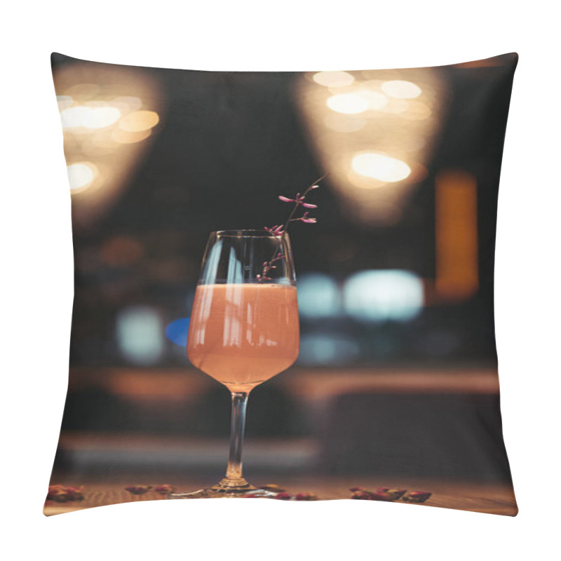 Personality  Selective Focus Of Pink Alcoholic Cocktail Decorated With Dry Flowers On Dark Background Pillow Covers