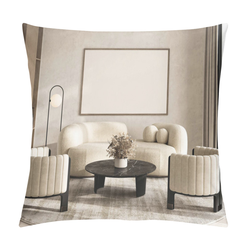 Personality  This Modern Living Room Blends Bohemian Charm And Scandinavian Minimalism, Featuring Plush Beige Seating And A Sleek Floor Lamp. 3d Render Pillow Covers