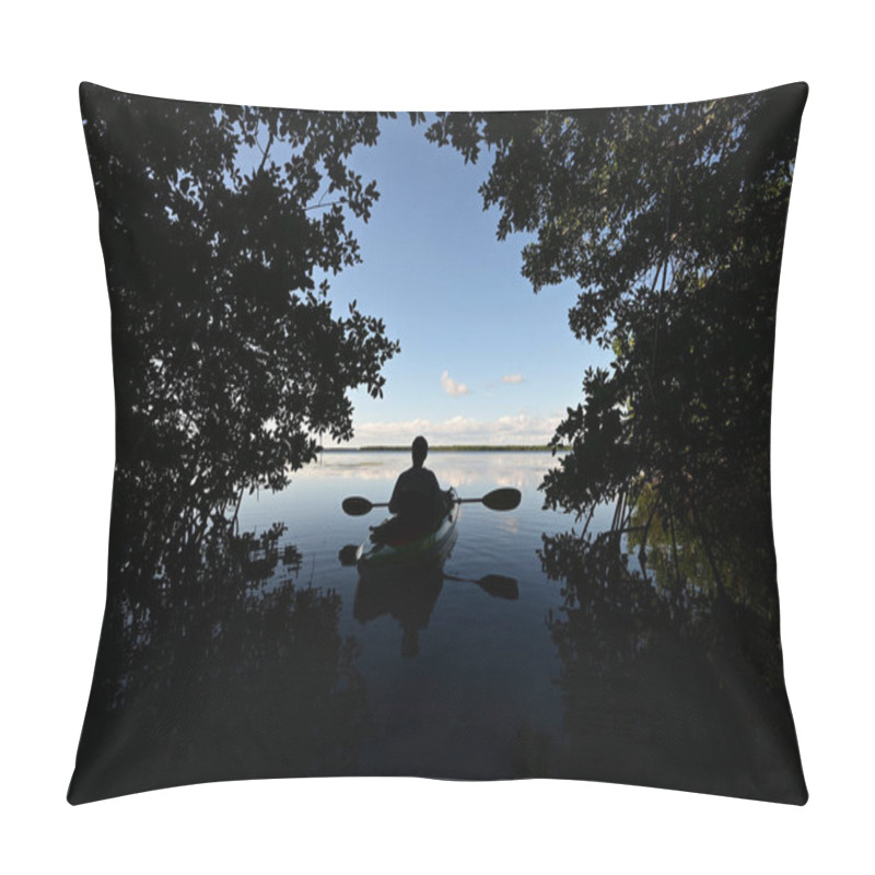 Personality  Active Senior Kayaker Silhouetted Against Blue Sky Under Mangrove Canopy. Pillow Covers