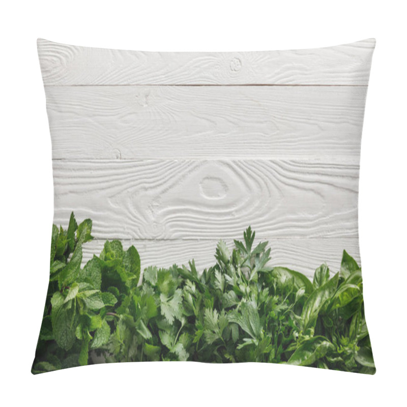 Personality  Top View Of Green Basil, Cilantro, Parsley And Peppermint Bundles On White White Wooden Surface Pillow Covers