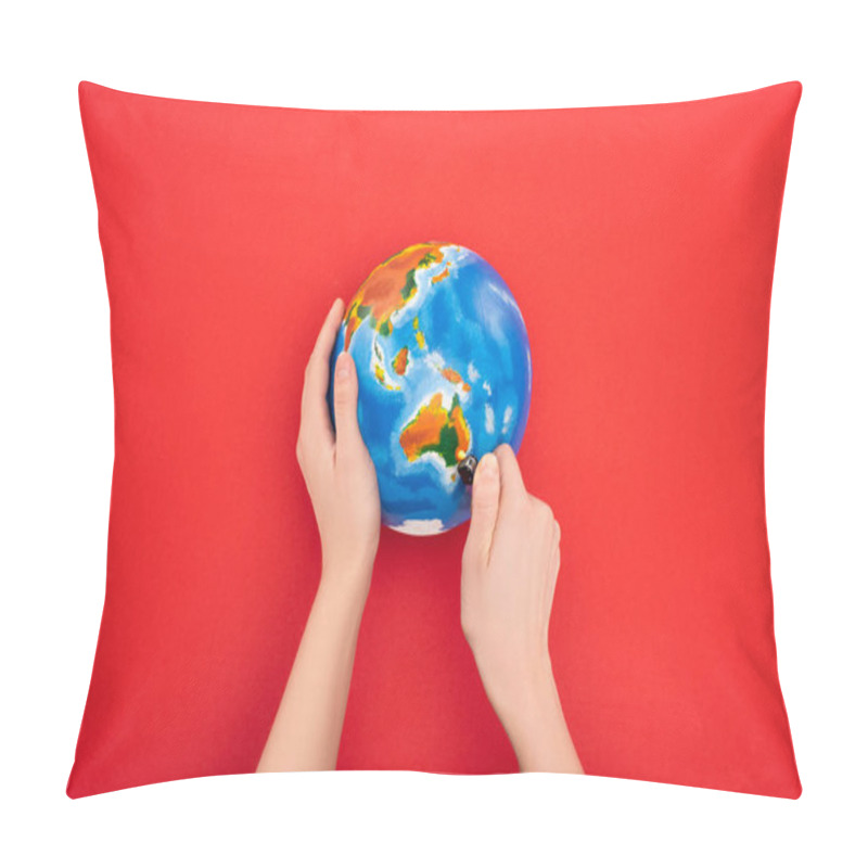 Personality  Cropped View Of Woman Setting To Fire Globe On Red, Global Warming Concept Pillow Covers