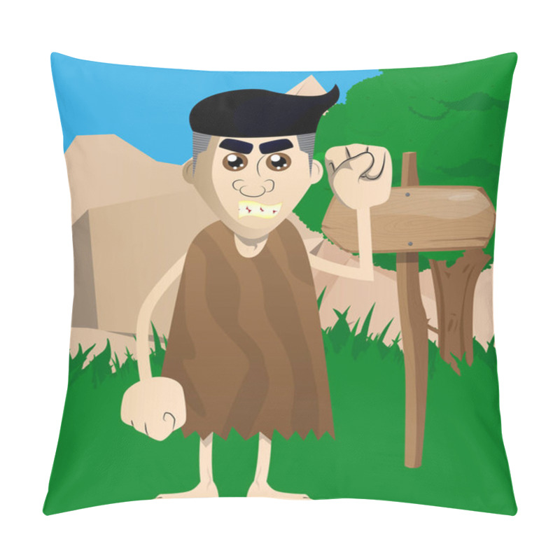 Personality  Cartoon Prehistoric Man Making Power To The People Fist Gesture. Vector Illustration Of A Man From The Stone Age. Pillow Covers