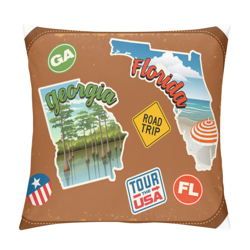 Personality  Georgia, Florida, Travel Stickers With Scenic Attractions And Retro Text On Vintage Suitcase Background Pillow Covers