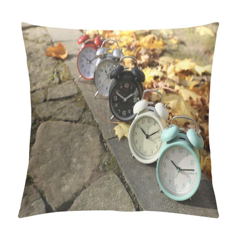 Personality  Alarm Clocks On Paved Pathway In Park At Autumn, Space For Text Pillow Covers