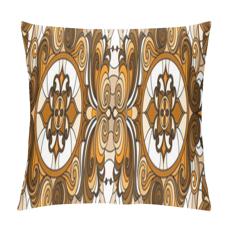 Personality  Illustration In Stained Glass Style With Abstract Flowers, Swirls And Leaves  On A Light Background,horizontal Orientation, Sepia Pillow Covers