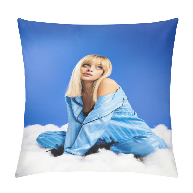 Personality  A Captivating Blonde Woman In Vibrant Attire Reclining Amidst Fluffy Clouds And Blue Skies. Pillow Covers