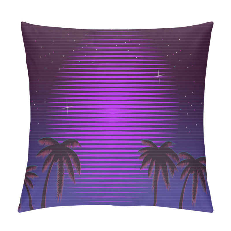 Personality  80s Retro Neon Gradient Background. Palms And Sun. Tv Glitch Effect. Sci-fi Beach. Pillow Covers