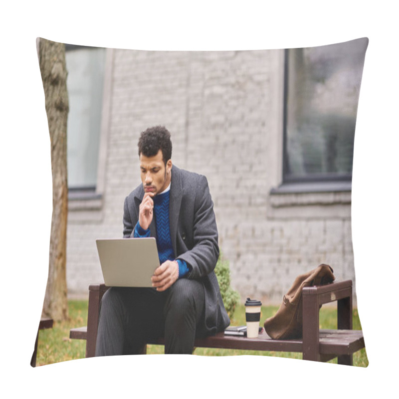 Personality  A Handsome Man Sits On A Bench, Engaged In Work With His Laptop, Enjoying Natures Tranquility. Pillow Covers