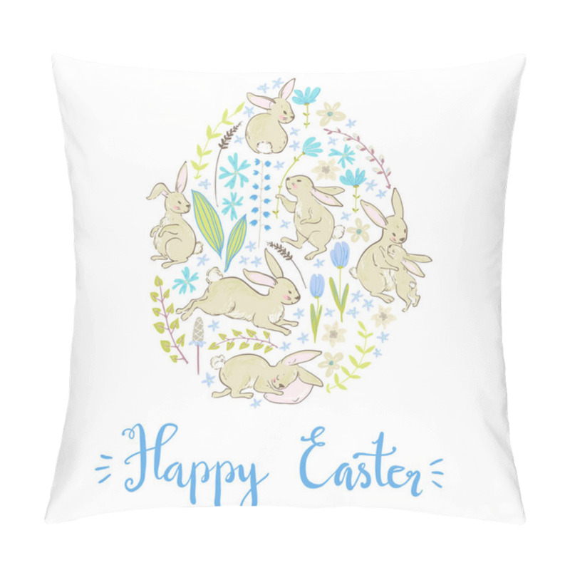 Personality  Greeting Card With Cartoon Bunnies And Flowers With Branches In Form Of Egg With Text Happy Easter , Vector, Illustration Pillow Covers