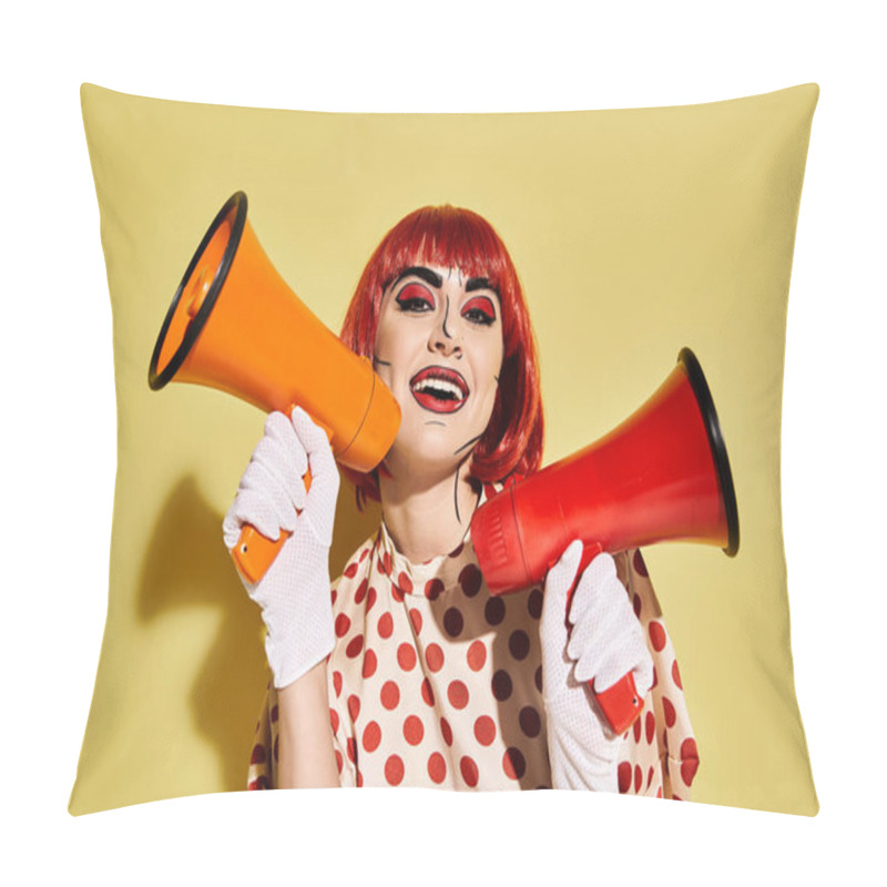 Personality  A Woman With Red Hair And Pop Art Makeup Holds A Red And Orange Megaphone, Exuding Confidence On A Yellow Background. Pillow Covers