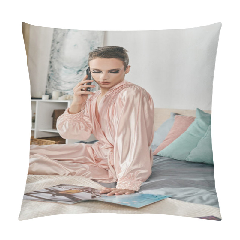 Personality  An Attractive Young Drag Queen Sits Gracefully, Talking On The Phone. Pillow Covers