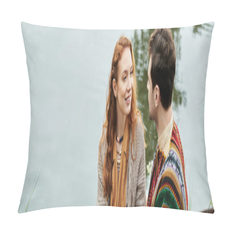 Personality  A Man And A Woman Dressed In Boho Style Clothing Sit On A Bench By A Peaceful Body Of Water, Enjoying A Romantic Date In A Green Park. Pillow Covers