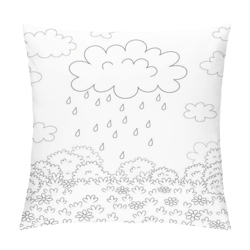 Personality  Funny Plump Rain Cloud With Dripping Raindrops Over A Field With Beautiful Flowers On A Pretty Summer Rainy Day, Black And White Vector Cartoon Illustration For A Coloring Book Page Pillow Covers